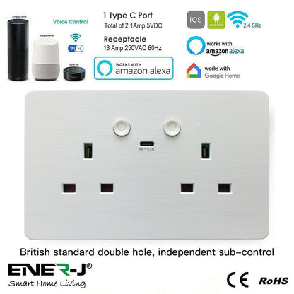 ENER-J Smart Wall Socket – WiFi Double Power Socket with USB & Type-C, Alexa & Google Compatible, 13A UK White