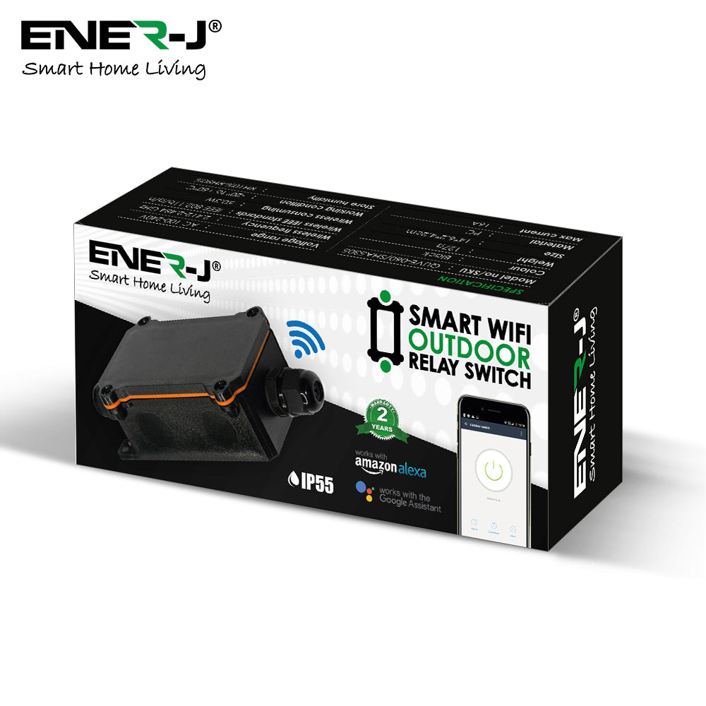 ENER-J Smart WiFi Outdoor Relay Switch (16A, IP55), Weatherproof Inline Controller for Garden Lights, Water Pumps & Fountains with App, Alexa & Google Voice Control