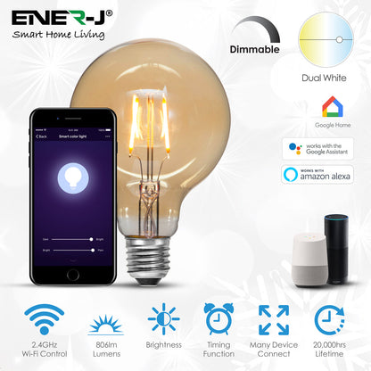 Ener-J Smart WiFi E27 LED Filament Bulb, 806lm 8.5W Dimmable CCT Golden G95 Globe, Works with Alexa & Google Assistant  | Single pack
