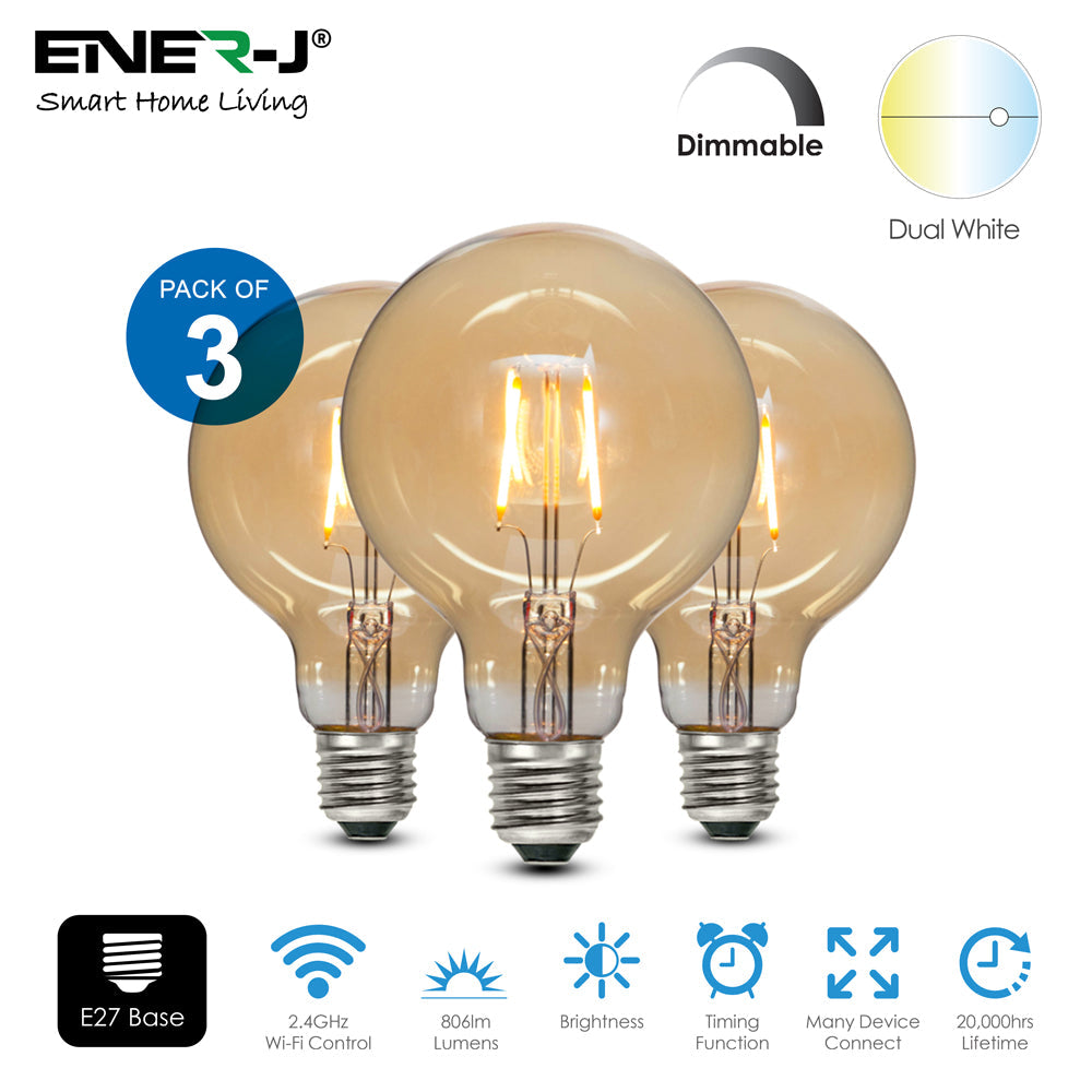 Ener-J Smart WiFi E27 LED Filament Bulb, 806lm 8.5W Dimmable CCT Golden G95 Globe, Works with Alexa & Google Assistant  | Single pack