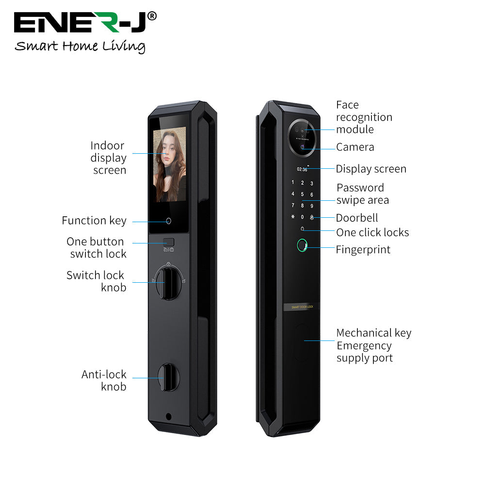 Smart Doorlock With Peephole Camera, Works with fingerprint, Passcodes, APP control, RFID Cards & Mechanical Keys, Black housing, IP65
