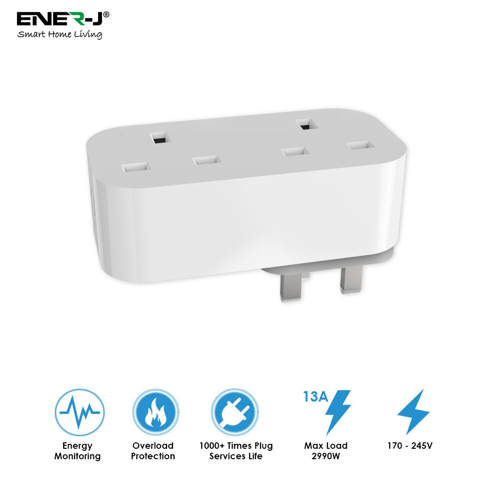ENER-J WiFi & Bluetooth Dual Smart Plug 13A (UK) with Individual Socket Control, Energy Monitoring, Surge Protection & Alexa/Google Voice Control