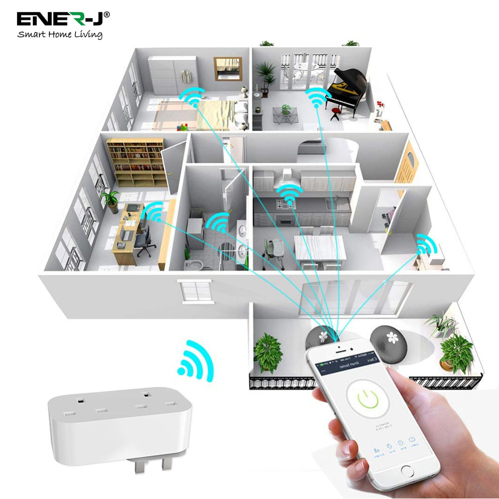 ENER-J WiFi & Bluetooth Dual Smart Plug 13A (UK) with Individual Socket Control, Energy Monitoring, Surge Protection & Alexa/Google Voice Control