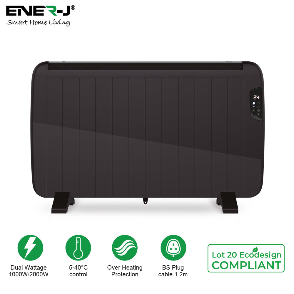Ener-J 2000W Smart WiFi Electric Radiator – Energy Efficient Wall Mounted Heater with Alexa & Google Voice Control - Black