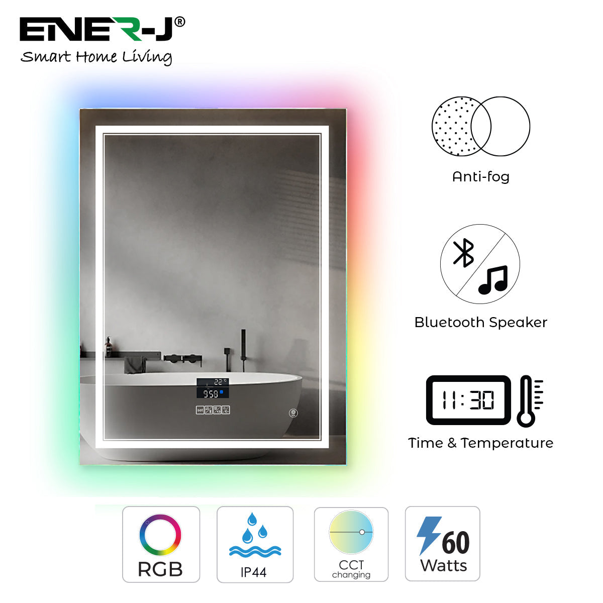 LED Bathroom Mirror with Bluetooth Speaker & RGB Border, CCT Lighting, Anti-Fog, Touch Control, IP44 Waterproof, Concealed Heated Demister Smart Rectangular Shape Vanity Mirror for Makeup