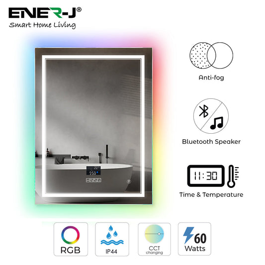 LED Bathroom Mirror with Bluetooth Speaker & RGB Border, CCT Lighting, Anti-Fog, Touch Control, IP44 Waterproof, Concealed Heated Demister Smart Rectangular Shape Vanity Mirror for Makeup