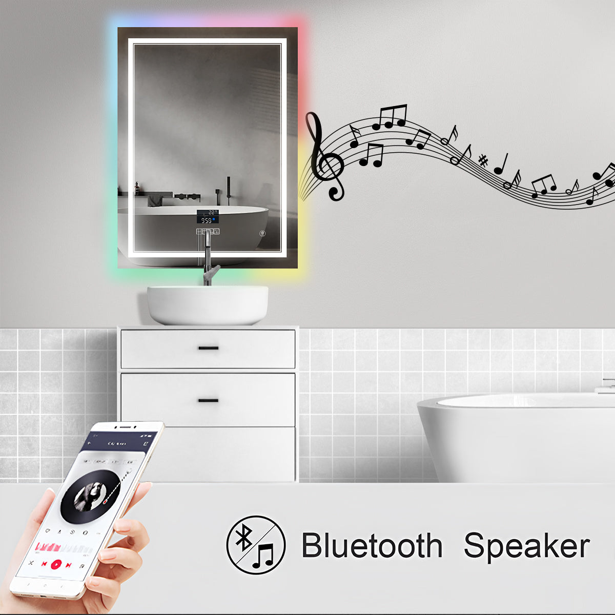 LED Bathroom Mirror with Bluetooth Speaker & RGB Border, CCT Lighting, Anti-Fog, Touch Control, IP44 Waterproof, Concealed Heated Demister Smart Rectangular Shape Vanity Mirror for Makeup