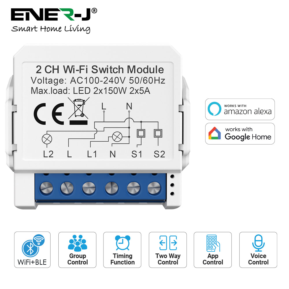 Smart WiFi Light 2CH Switch Module, Convert Any Existing Non-Dimmable Switch to Smart Control via App & Voice, Compatible with Alexa & Google Assistant