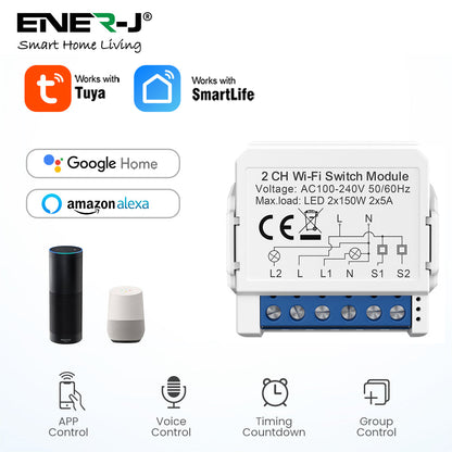 Smart WiFi Light 2CH Switch Module, Convert Any Existing Non-Dimmable Switch to Smart Control via App & Voice, Compatible with Alexa & Google Assistant