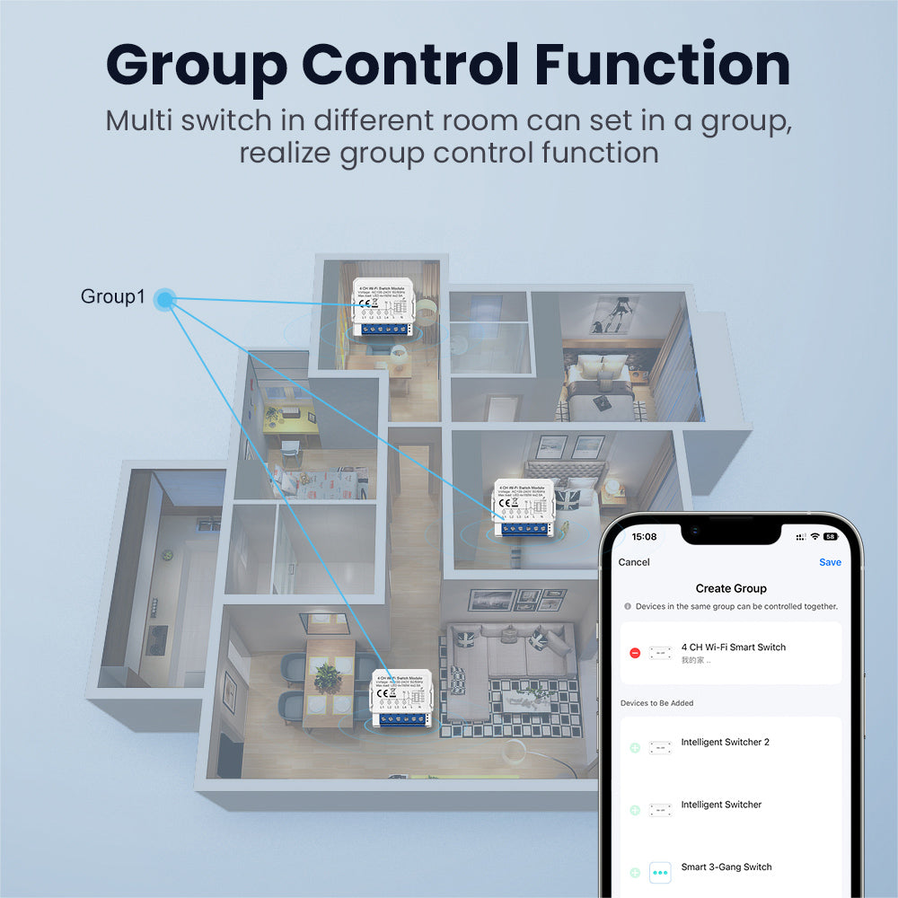 Smart WiFi Light 2CH Switch Module, Convert Any Existing Non-Dimmable Switch to Smart Control via App & Voice, Compatible with Alexa & Google Assistant
