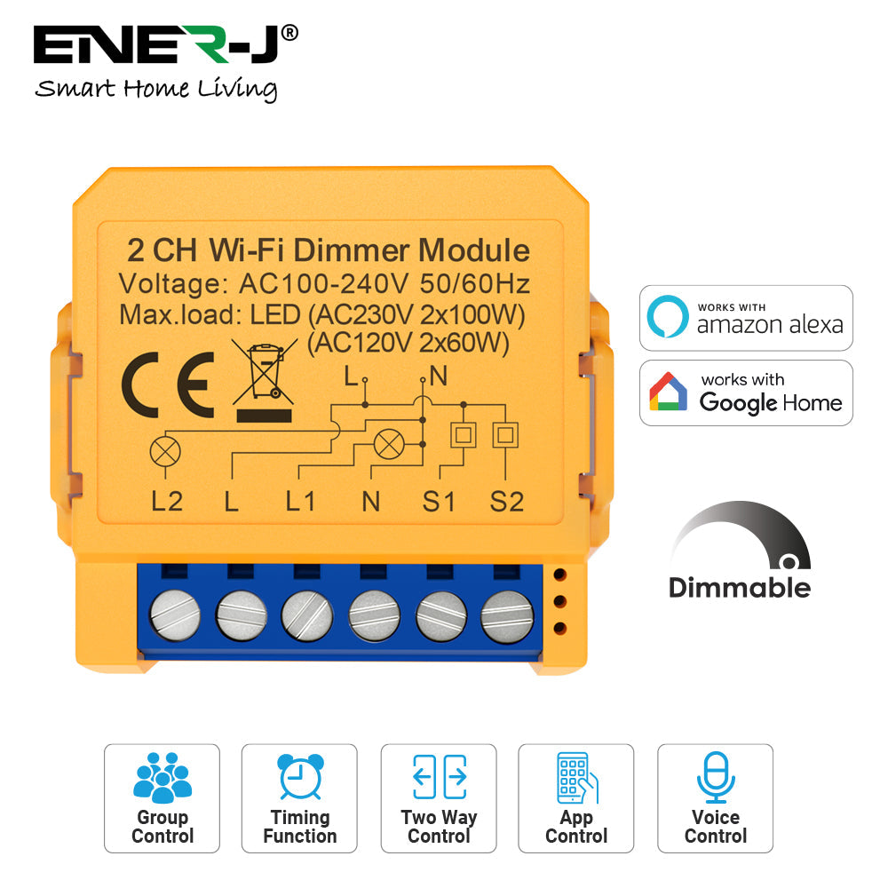 ENER-J Smart WiFi 2 Gang Dimmable Switch Module, Ultra-Mini, 100% LED Dimmer with App & Voice Control, Dual-Way Upgrade, Smart Life/Tuya Compatible