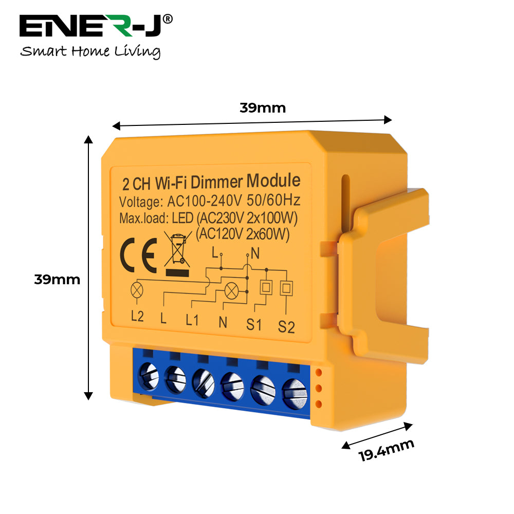 ENER-J Smart WiFi 2 Gang Dimmable Switch Module, Ultra-Mini, 100% LED Dimmer with App & Voice Control, Dual-Way Upgrade, Smart Life/Tuya Compatible