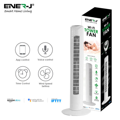 ENER-J 32" Smart Wi-Fi Tower Fan | App & Voice Control Compatible with Alexa & Google Home | White