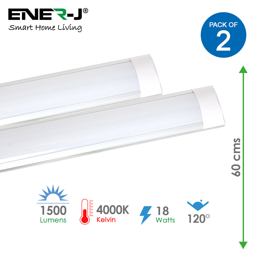 Pack of 2 LED Prismatic Batten Fitting Lights, 18W, 60cms, 4000K Daylight for Ceiling of Home & Office, Workshop & Garage Lighting