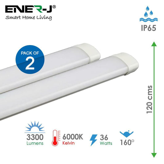 Pack of 2 36W LED Triproof Batten Tube Lights, 120cms, 6000K, IP65 Waterproof, No UV and IR Radiation, Super Bright Tube Light for Kitchen, Living Room, Bathroom, Office, etc.