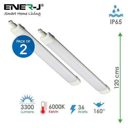 Pack of 2 36W LED Triproof Batten Tube Lights, 120cms, 6000K, IP65 Waterproof, No UV and IR Radiation, Super Bright Tube Light for Kitchen, Living Room, Bathroom, Office, etc.
