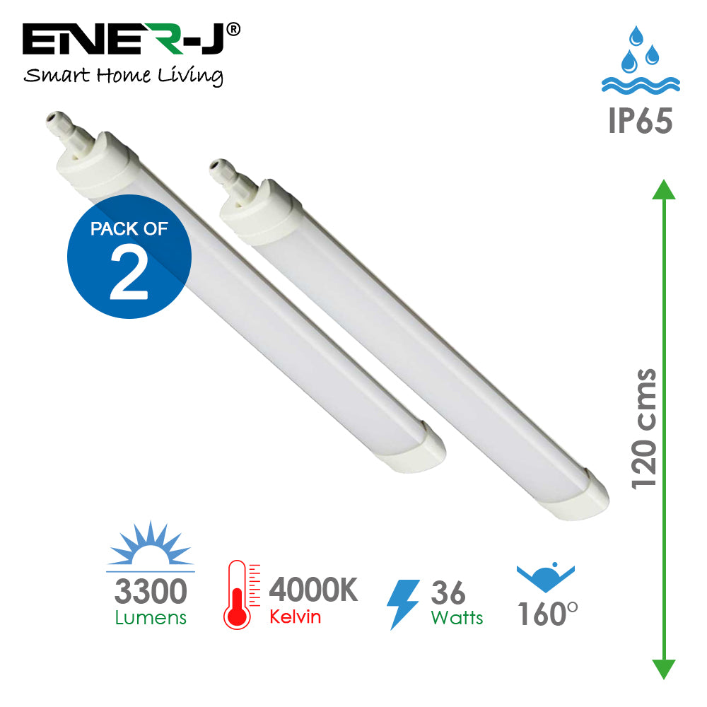 Pack of 2 36W LED Triproof Batten Tube Lights, 120cms, 4000K, IP65 Waterproof, No UV and IR Radiation, Super Bright Tube Light