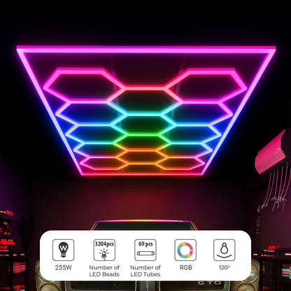 Ener-J 255W Hexagon RGBIC LED Garage Ceiling Light, 14 Hexagon Frame Design, Remote Control Showroom Kit