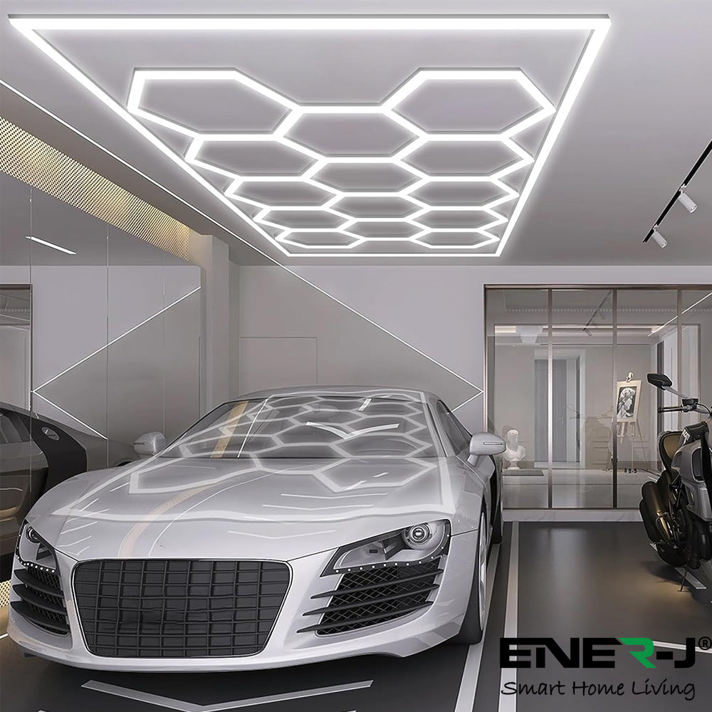 Ener-J 255W Hexagon RGBIC LED Garage Ceiling Light, 14 Hexagon Frame Design, Remote Control Showroom Kit