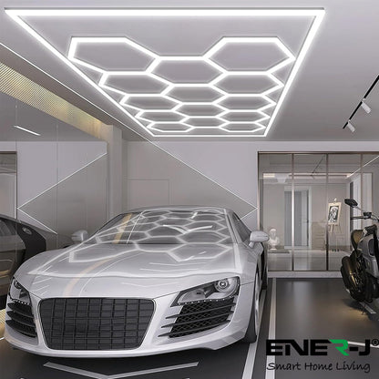 Ener-J 255W Hexagon RGBIC LED Garage Ceiling Light, 14 Hexagon Frame Design, Remote Control Showroom Kit