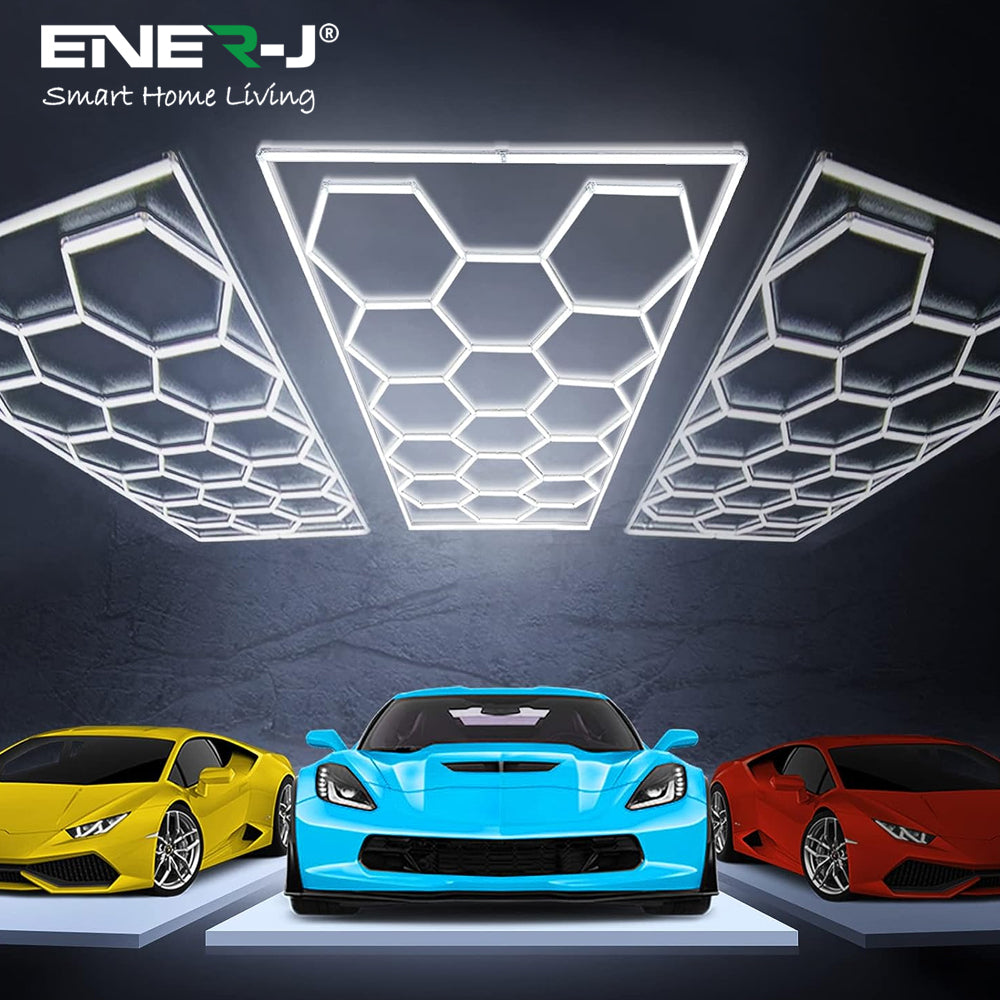 Ener-J 255W Hexagon RGBIC LED Garage Ceiling Light, 14 Hexagon Frame Design, Remote Control Showroom Kit