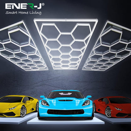 Ener-J 255W Hexagon RGBIC LED Garage Ceiling Light, 14 Hexagon Frame Design, Remote Control Showroom Kit