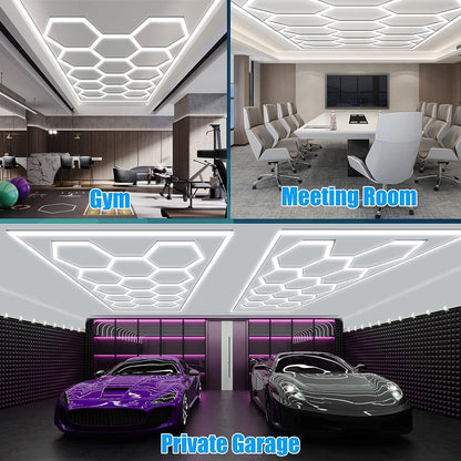Ener-J 255W Hexagon RGBIC LED Garage Ceiling Light, 14 Hexagon Frame Design, Remote Control Showroom Kit
