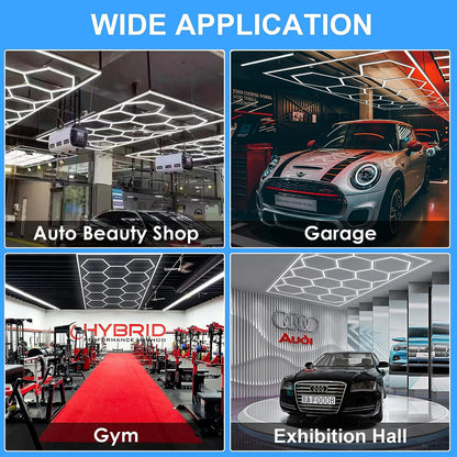 Ener-J 255W Hexagon RGBIC LED Garage Ceiling Light, 14 Hexagon Frame Design, Remote Control Showroom Kit
