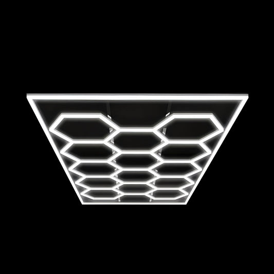 Ener-J 600W Hexagon LED Garage Ceiling Light, 69 T5 Tubes, 6500K Daylight, Modular Showroom Lighting System