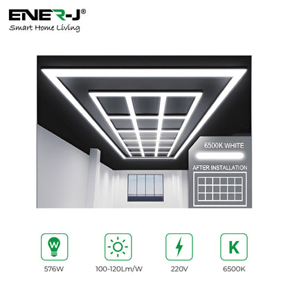 Ener-J 576W Designer LED Ceiling Light with Frame, 18 Square Grid with Border, Commercial Interior Lighting