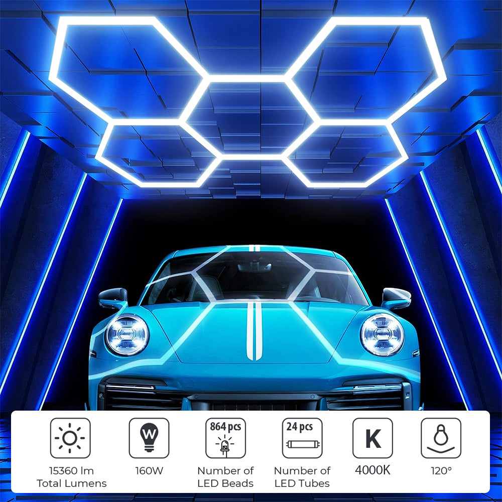 Ener-J Hexagon LED Garage Light 160W, 4000K Natural White Modular Ceiling Lighting Kit