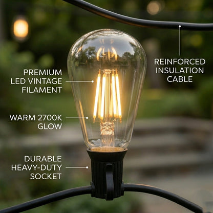 LED String Lights 10.2m 2W S14 10Pcs LED Edison Filament Bulbs E27 Sockets Perfect for Party, Wedding, Anniversaries, Celebrations