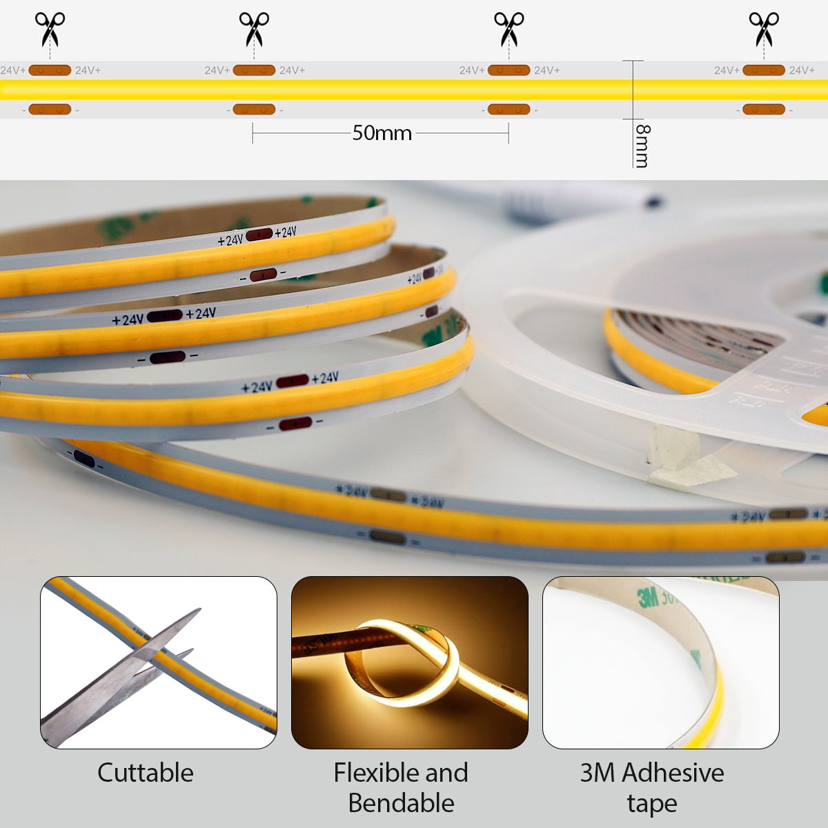 5m LED COB Strip 480L/M 24V, 3000K with RF Dimmer and 25W Plug & Play Power Supply