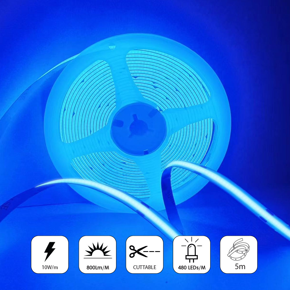 5m LED COB Strip 480L/M 24V, Blue with RF Dimmer and 12W/M Plug & Play Power Supply