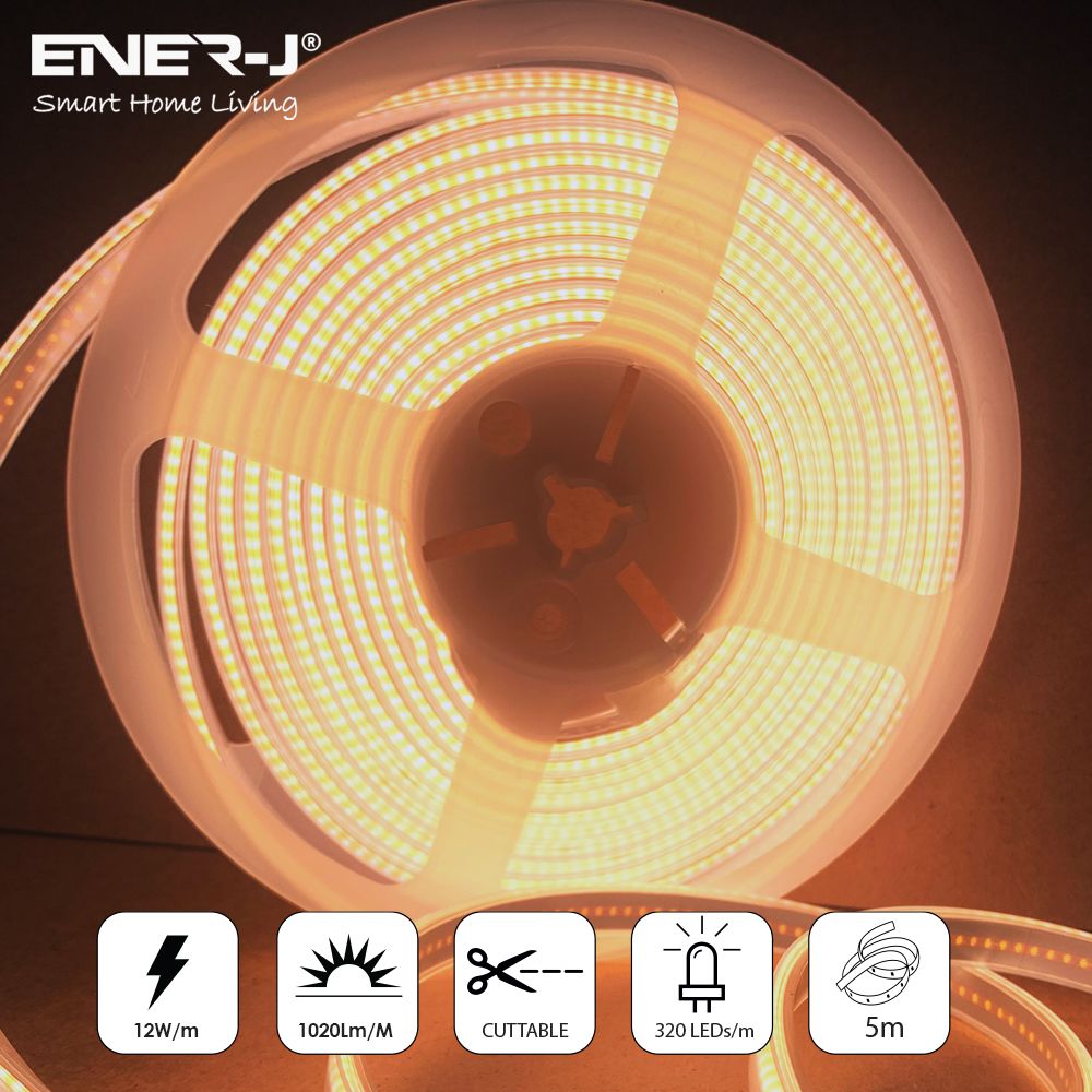 24V COB LED Strip Lights with 480 LEDs/M, 10W/M, 1020lm/M, CRI 90-92, 30m Roll, 3000K, IP20