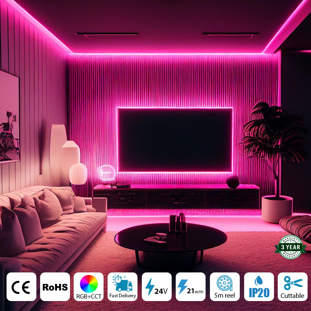 ENER-J 5M COB LED Strip Light | RGB + CCT Tunable White | 24V High Density (840 LEDs/m) | Dotless Illumination