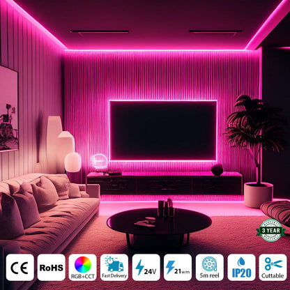 ENER-J 5M COB LED Strip Light | RGB + CCT Tunable White | 24V High Density (840 LEDs/m) | Dotless Illumination
