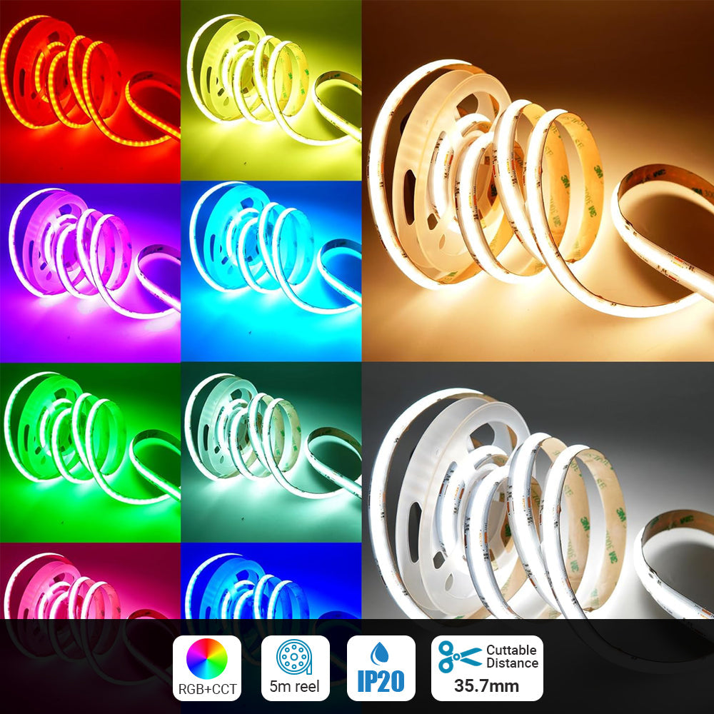 ENER-J 5M COB LED Strip Light | RGB + CCT Tunable White | 24V High Density (840 LEDs/m) | Dotless Illumination