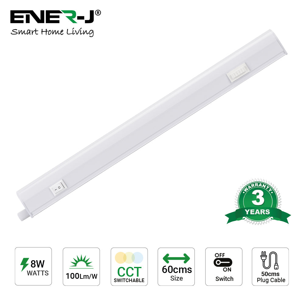 8W LED T5 Batten Light, 60cms, 100 Lm/W, With on/off switch, CCT Switchable, 50cms cable, 3 Years warranty Pack of 2
