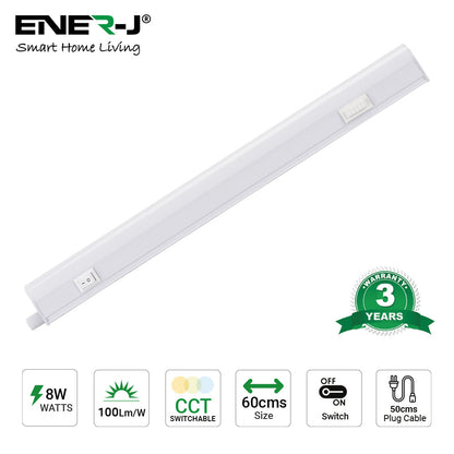 8W LED T5 Batten Light, 60cms, 100 Lm/W, With on/off switch, CCT Switchable, 50cms cable, 3 Years warranty Pack of 2