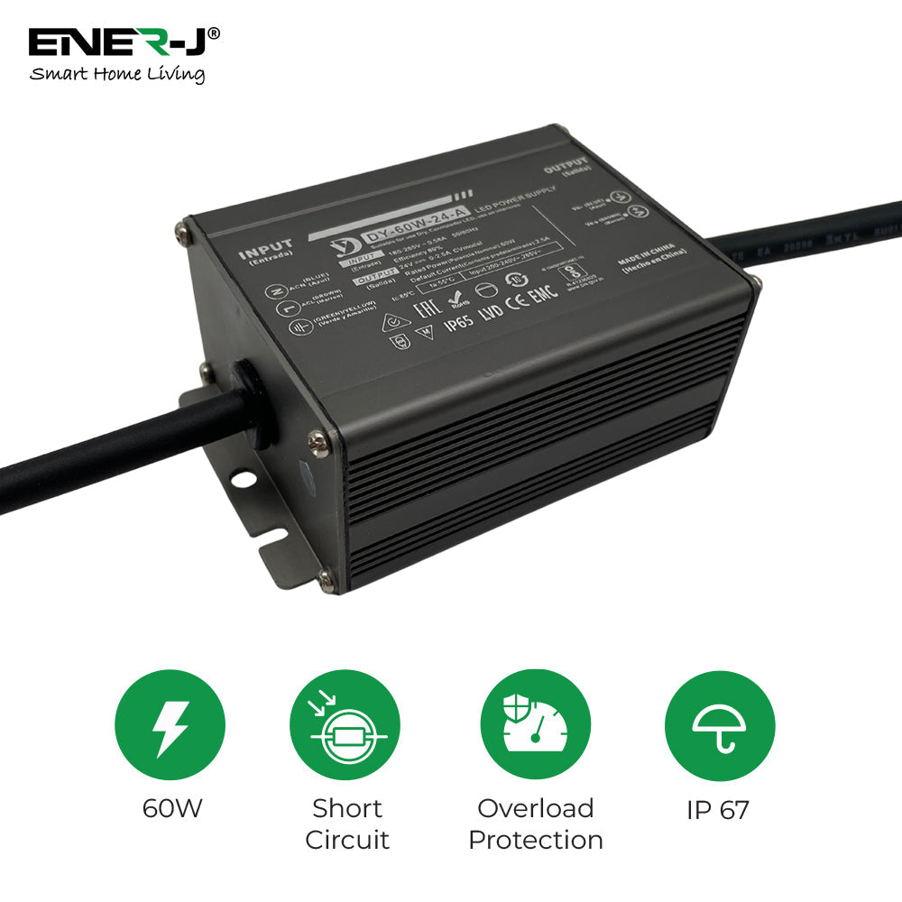 ENER-J Waterproof 60W 24V Power Supply, Constant Voltage LED Driver (IP65/IP67 Rated)