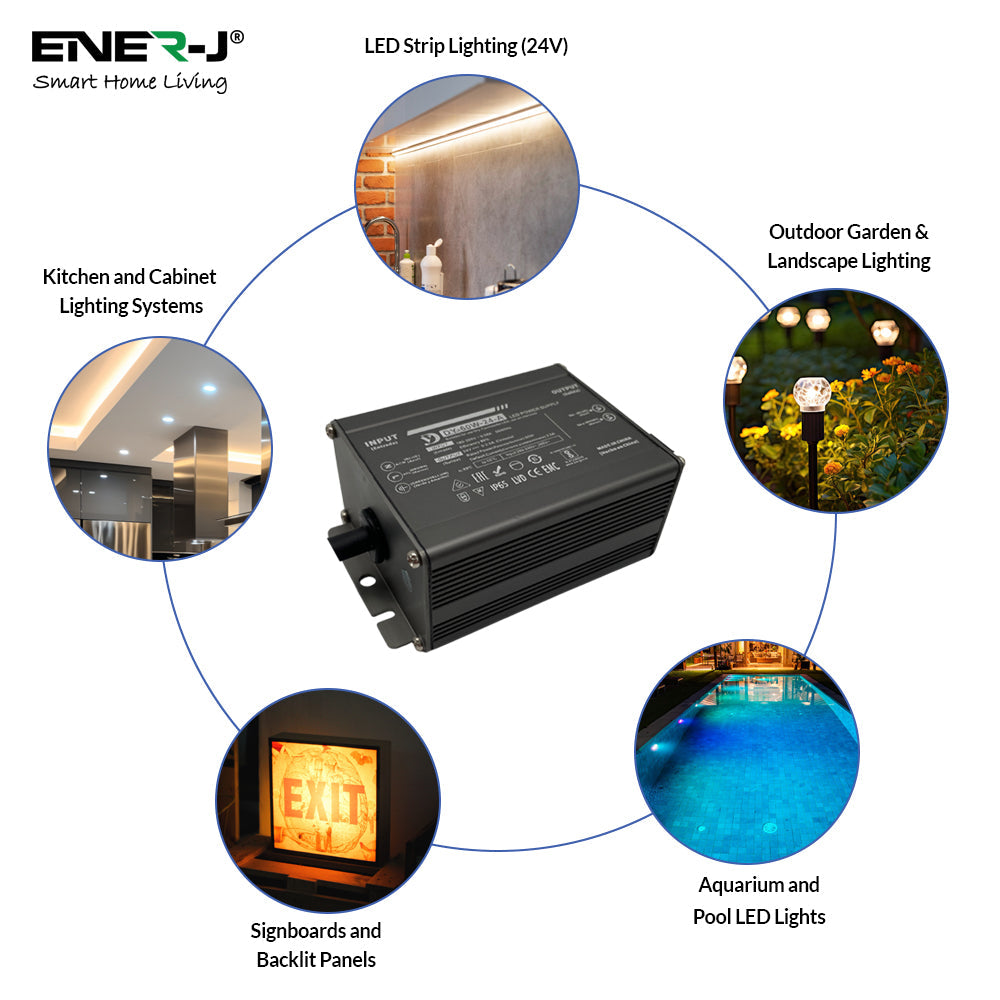 ENER-J Waterproof 60W 24V Power Supply, Constant Voltage LED Driver (IP65/IP67 Rated)
