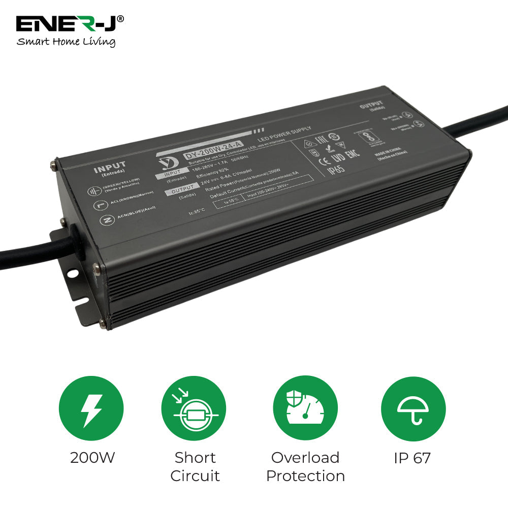 ENER-J Waterproof 200W 24V Power Supply, Constant Voltage LED Driver (IP65/IP67 Rated)