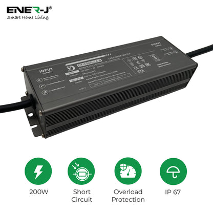 ENER-J Waterproof 200W 24V Power Supply, Constant Voltage LED Driver (IP65/IP67 Rated)
