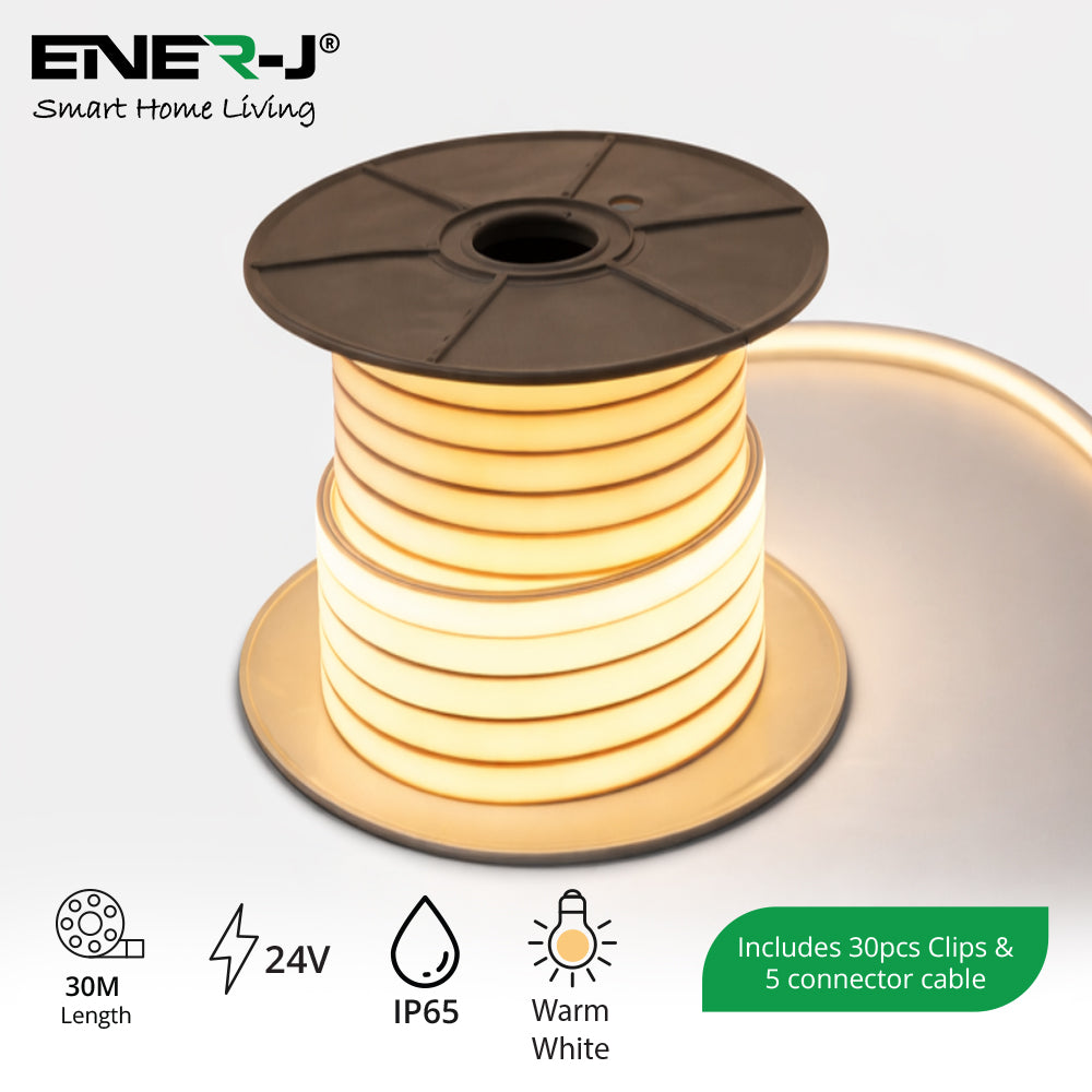 30 Meters 24V Silicon Neon Strip, Size: 10x10mm, IP65. Includes 30pcs Clips & 5 connector cable, Warm White
