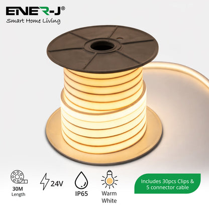 30 Meters 24V Silicon Neon Strip, Size: 10x10mm, IP65. Includes 30pcs Clips & 5 connector cable, Warm White