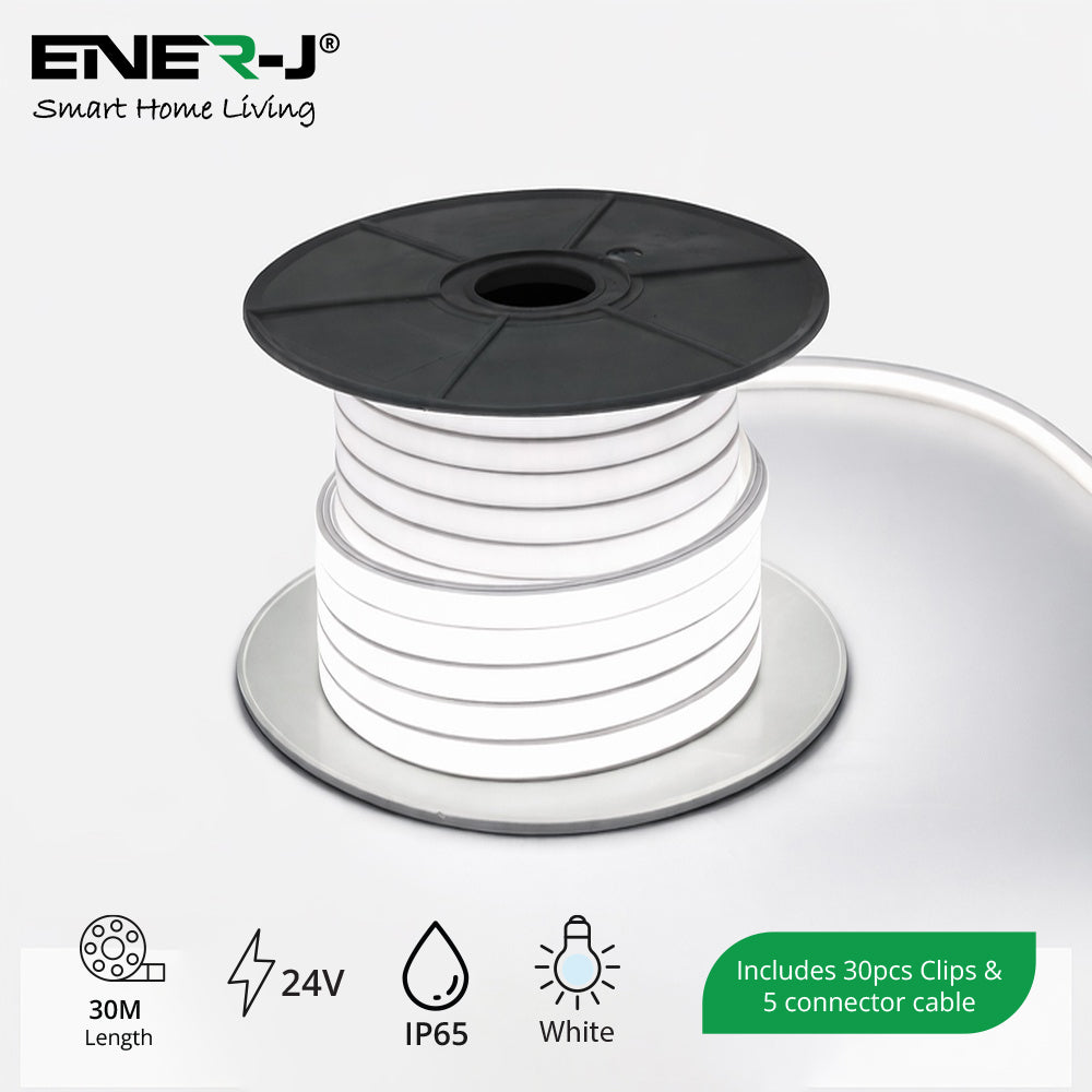 30 Meters 24V Silicon Neon Strip, Size: 10x10mm, IP65. Includes 30pcs Clips & 5 connector cable, White