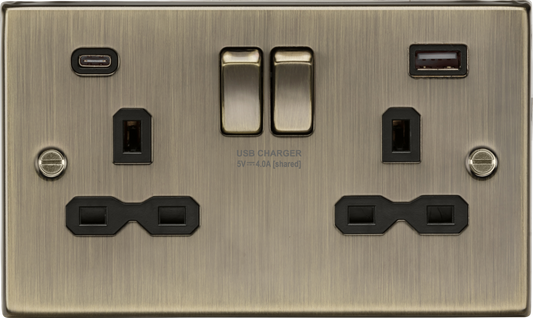 13A 2G SP Switched Socket with Dual USB A+C (5V DC 4.0A shared) - Antique Brass with Black Insert CS9940AB MLA