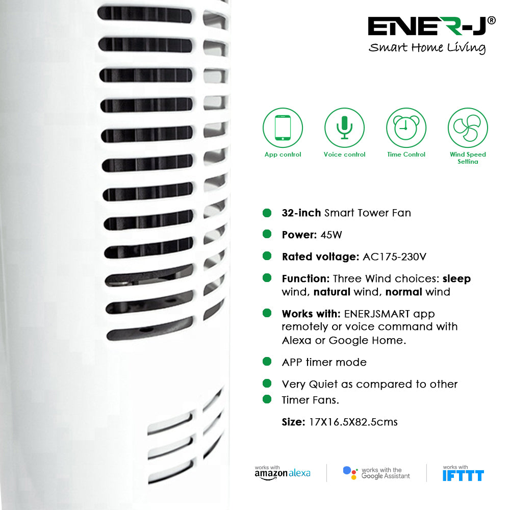ENER-J 32" Smart Wi-Fi Tower Fan | App & Voice Control Compatible with Alexa & Google Home | White