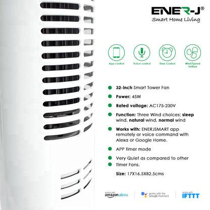 ENER-J 32" Smart Wi-Fi Tower Fan | App & Voice Control Compatible with Alexa & Google Home | White
